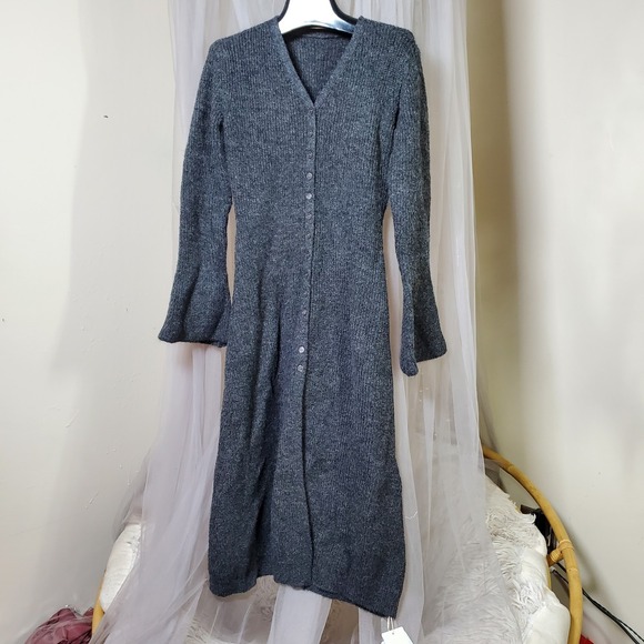 Commense Long Sleeve Knit Dress Boho Flare Sleeve Ribbed M Career Whimsigoth - Picture 2 of 5